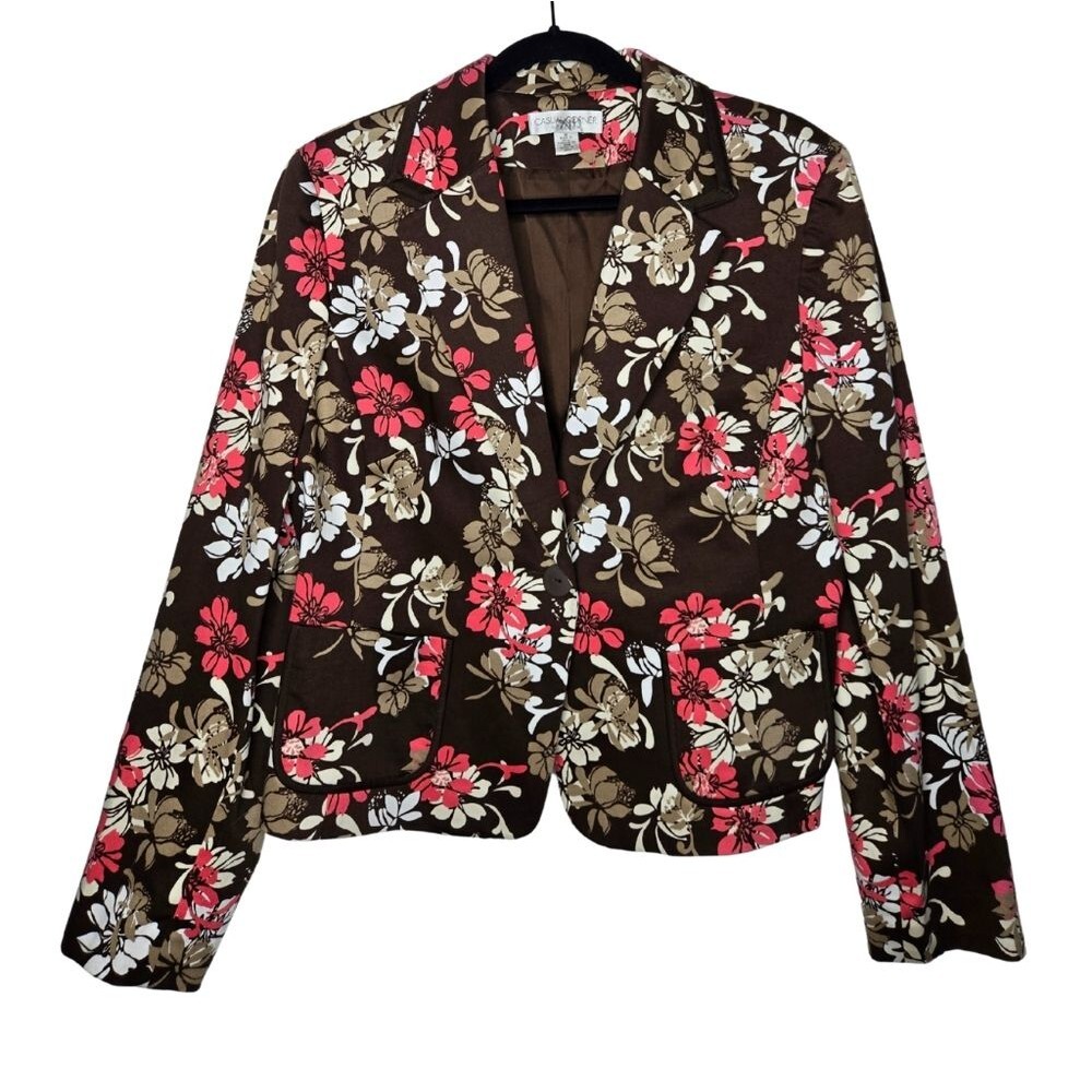 Casual Corner Vintage Floral Blazer Brown Pink Single Button Women's Size 16